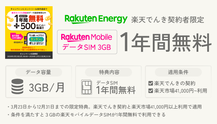 楽天でんき契約者限定 楽天モバイルデータSIM1GBが1年間無料